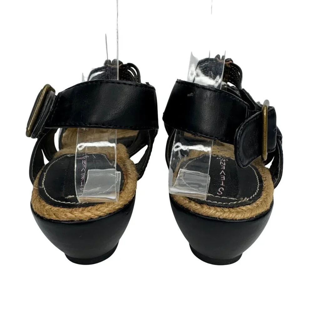 VTG Steven Steve Madden Black Faux Leather Strappy Wedge Sandal Braid Detail Sz8